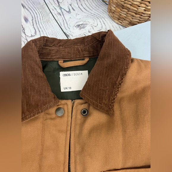 ASOS Design Oversized Denim Wadded Jacket with Cord Collar in Camel US 6 - Picture 8 of 11